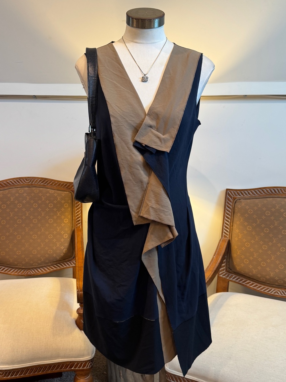 BCBG RUNWAY Navy Blue & Tan Sleeveless Slip Dress M Ruffle Details Office Preppy